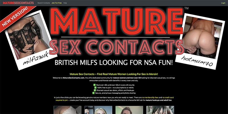 Mature Sex Contacts homepage screenshot showing mature adult dating website